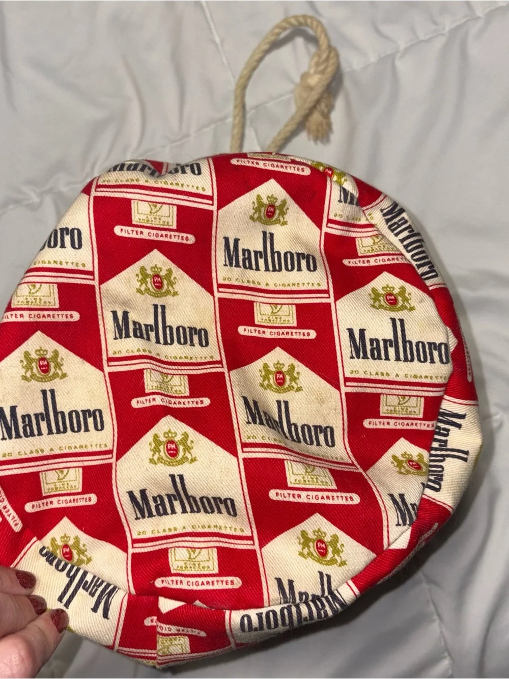 Marlboro Print Red and White Drawstring Bag Vintage Lined